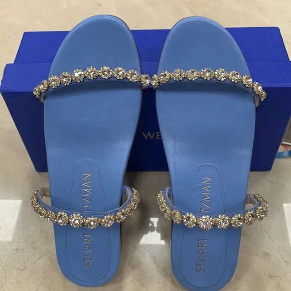 STUART WEITZMAN AMELIESE CRYSTAL PERIWINKLE LEATHER SANDALS W/SUEDE STRAPS 9.5