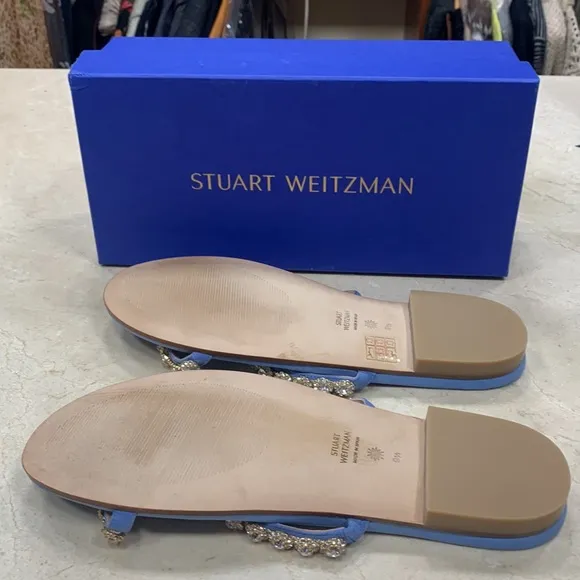 STUART WEITZMAN AMELIESE CRYSTAL PERIWINKLE LEATHER SANDALS W/SUEDE STRAPS 9.5