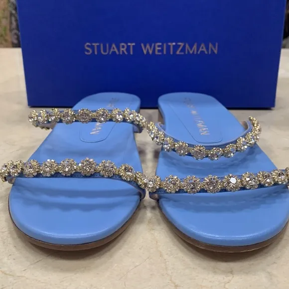 STUART WEITZMAN AMELIESE CRYSTAL PERIWINKLE LEATHER SANDALS W/SUEDE STRAPS 9.5