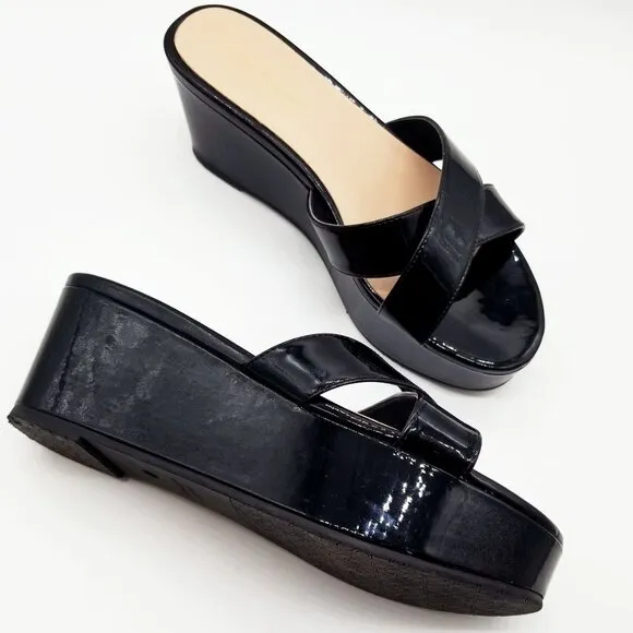 Stuart Weitzman Avenue 65 Flatform Wedge Slide Sandal Black Patent Leather $395