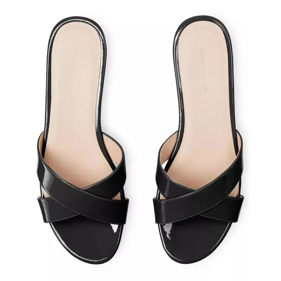Stuart Weitzman Avenue 65 Flatform Wedge Slide Sandal Black Patent Leather $395