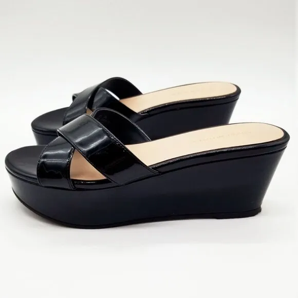 Stuart Weitzman Avenue 65 Flatform Wedge Slide Sandal Black Patent Leather $395