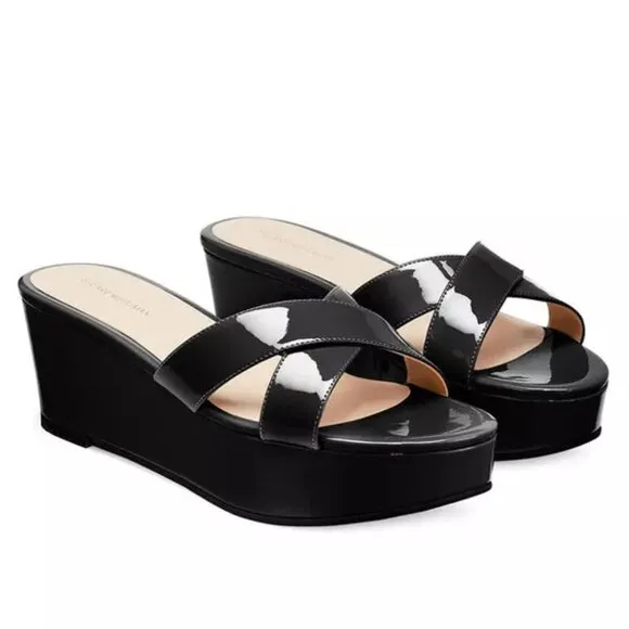 Stuart Weitzman Avenue 65 Flatform Wedge Slide Sandal Black Patent Leather $395