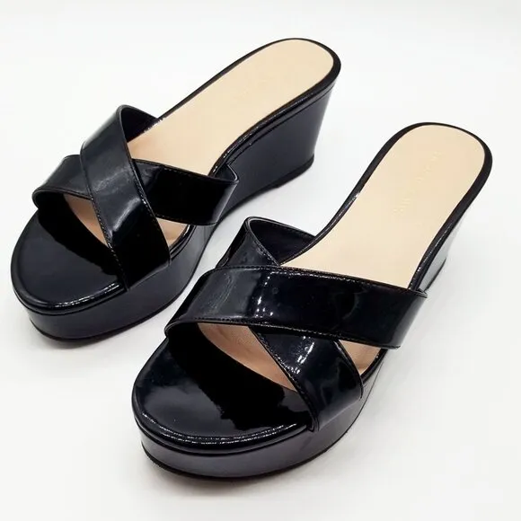 Stuart Weitzman Avenue 65 Flatform Wedge Slide Sandal Black Patent Leather $395