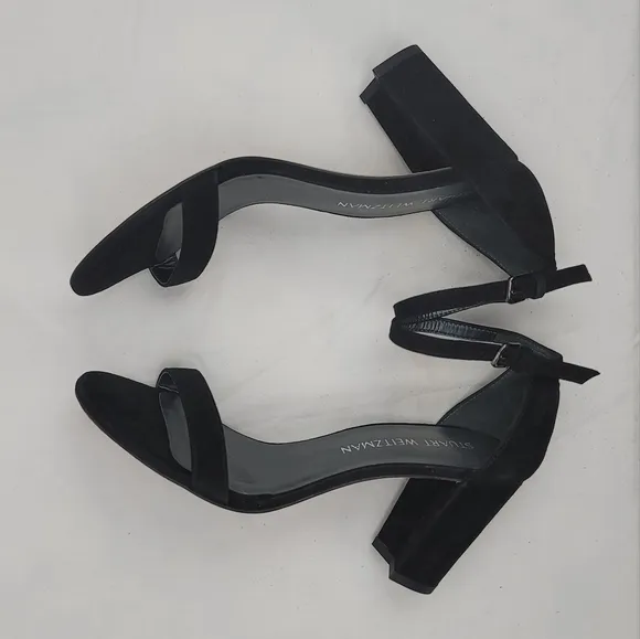 Stuart Weitzman Black Suede Annkle Strap Block Heels Sandals size 7