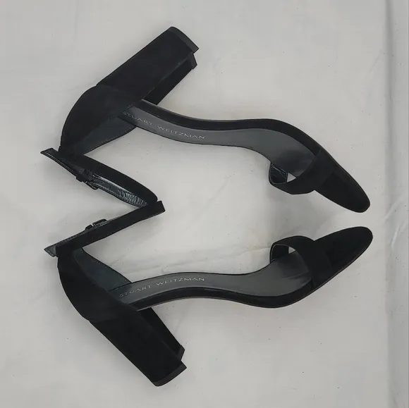 Stuart Weitzman Black Suede Annkle Strap Block Heels Sandals size 7