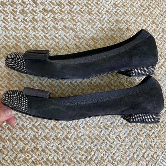 Stuart Weitzman Cabot Suede Studded Cup Bow Flats - 6-1/2