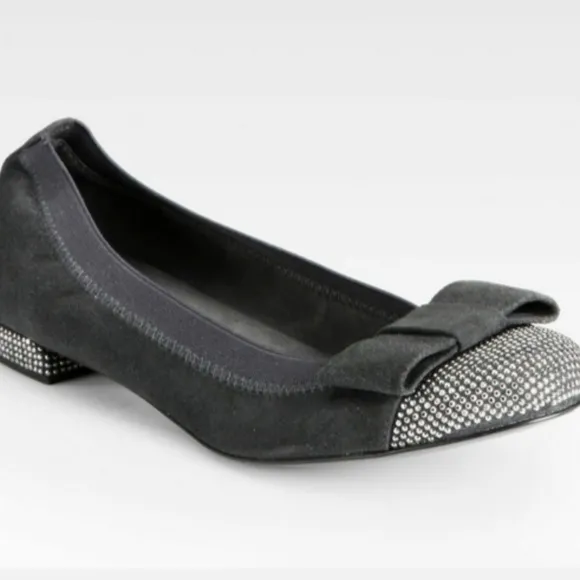 Stuart Weitzman Cabot Suede Studded Cup Bow Flats - 6-1/2