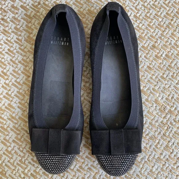 Stuart Weitzman Cabot Suede Studded Cup Bow Flats - 6-1/2