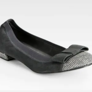 Stuart Weitzman Cabot Suede Studded Cup Bow Flats - 6-1/2