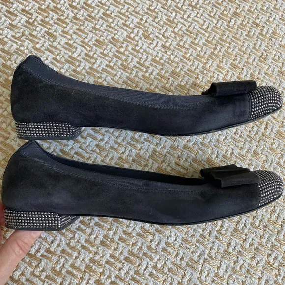 Stuart Weitzman Cabot Suede Studded Cup Bow Flats - 6-1/2