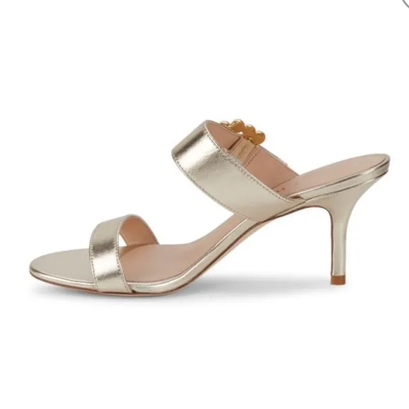 Stuart Weitzman Embellished-Buckle Metallic Leather Sandals