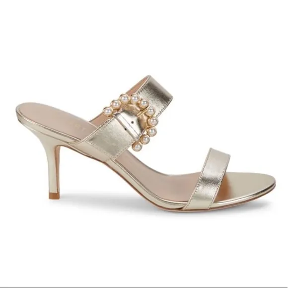 Stuart Weitzman Embellished-Buckle Metallic Leather Sandals