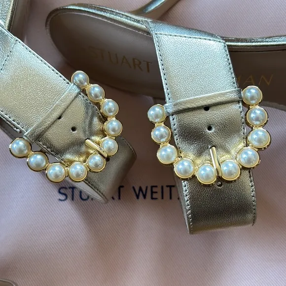Stuart Weitzman Embellished-Buckle Metallic Leather Sandals