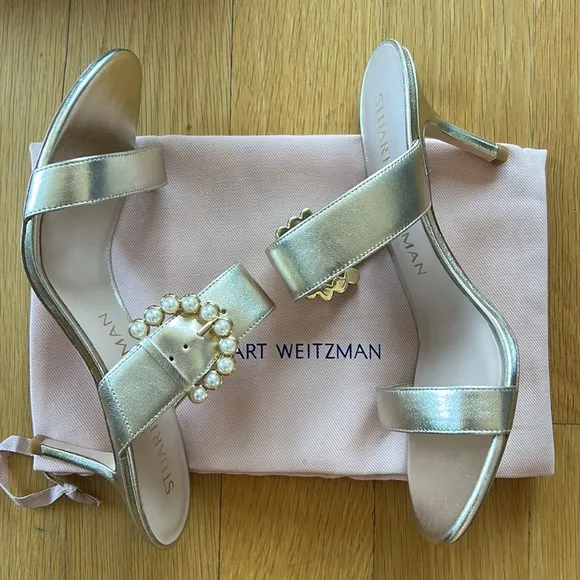 Stuart Weitzman Embellished-Buckle Metallic Leather Sandals