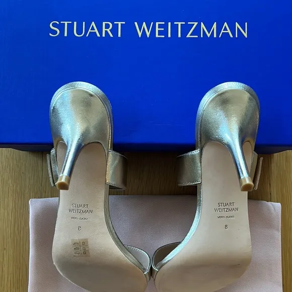 Stuart Weitzman Embellished-Buckle Metallic Leather Sandals