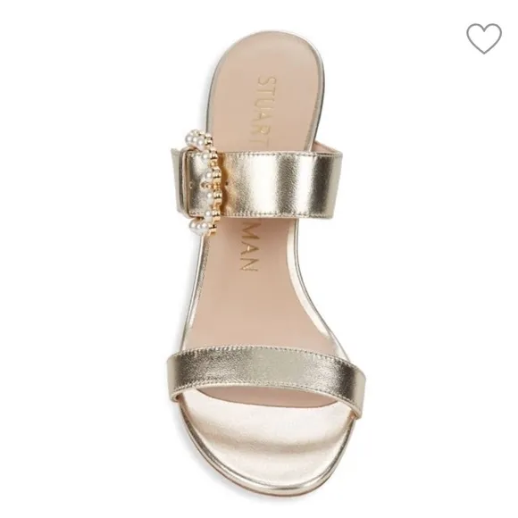 Stuart Weitzman Embellished-Buckle Metallic Leather Sandals