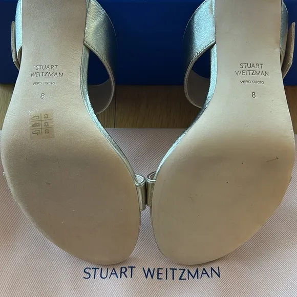 Stuart Weitzman Embellished-Buckle Metallic Leather Sandals