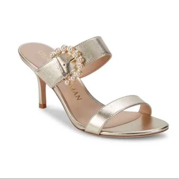 Stuart Weitzman Embellished-Buckle Metallic Leather Sandals