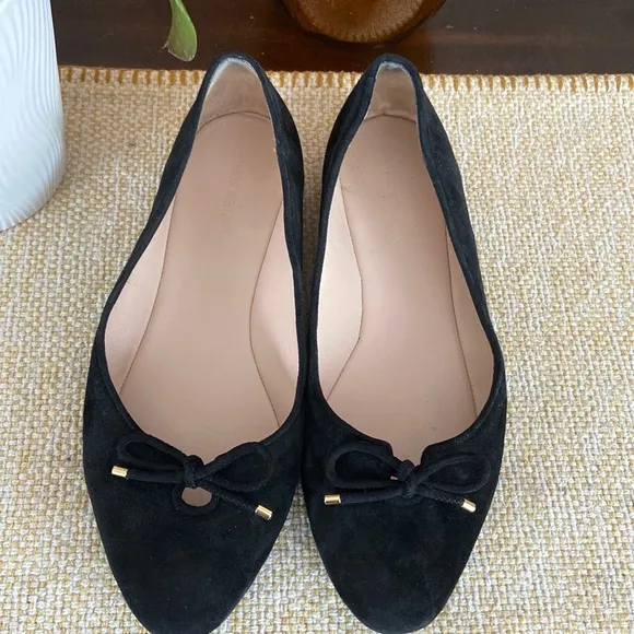Stuart Weitzman-  Gabby Suede Bow Ballet Black Flats