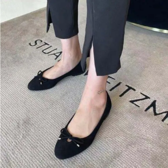 Stuart Weitzman-  Gabby Suede Bow Ballet Black Flats