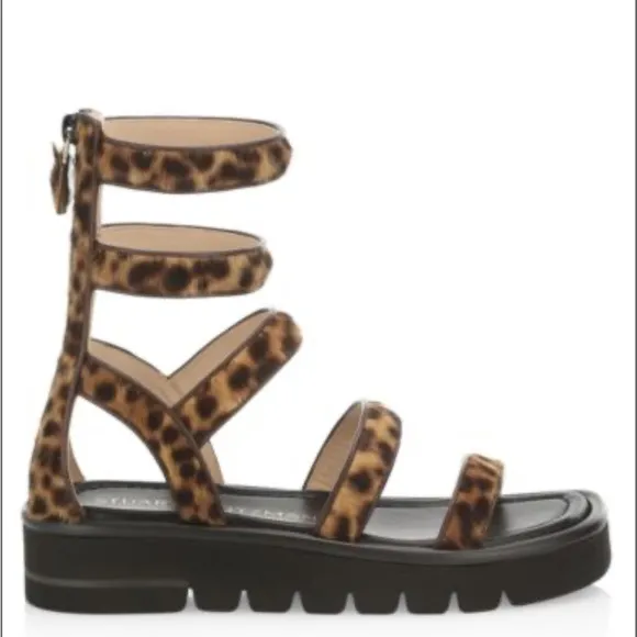 Stuart Weitzman Gala Lift Leopard-Print Calf Hair Gladiator Sandals - Size 5