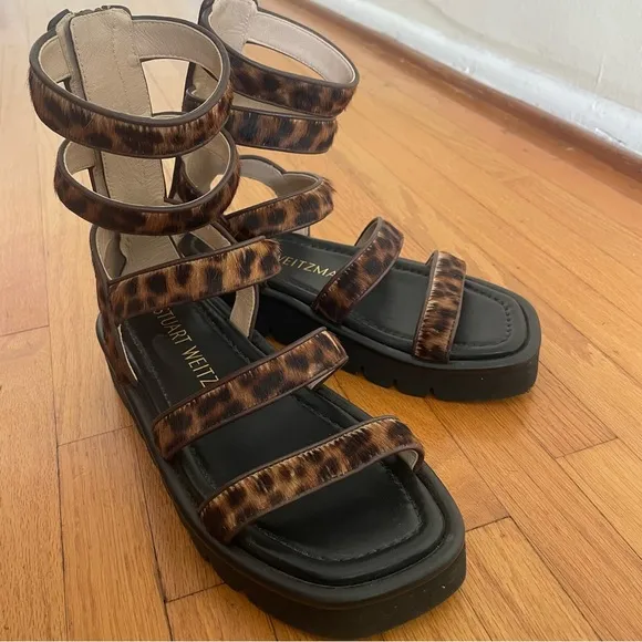 Stuart Weitzman Gala Lift Leopard-Print Calf Hair Gladiator Sandals - Size 5