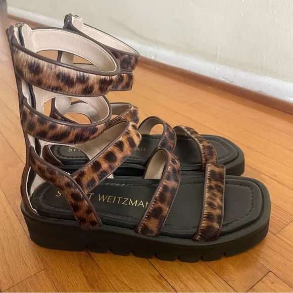 Stuart Weitzman Gala Lift Leopard-Print Calf Hair Gladiator Sandals - Size 5