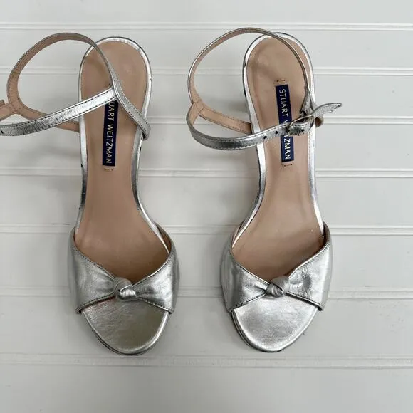Stuart Weitzman Gloria 80 Silver Leather Sandals Heels Womens 6