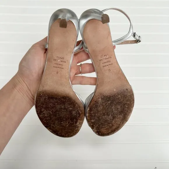 Stuart Weitzman Gloria 80 Silver Leather Sandals Heels Womens 6