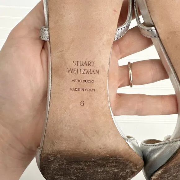 Stuart Weitzman Gloria 80 Silver Leather Sandals Heels Womens 6