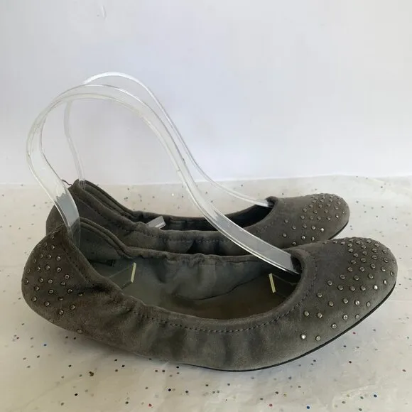 Stuart Weitzman Gray Suede Gunmetal Studded Ballet Flats Elastic Hold - Size 9.5
