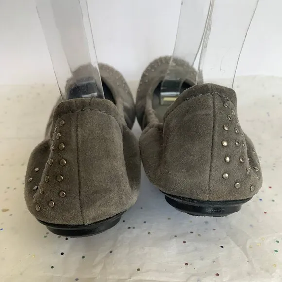 Stuart Weitzman Gray Suede Gunmetal Studded Ballet Flats Elastic Hold - Size 9.5