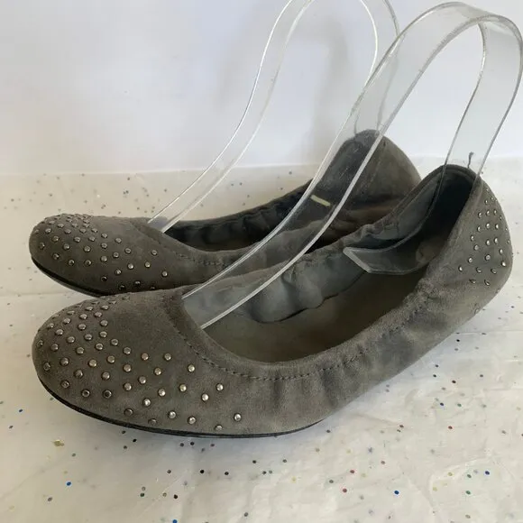 Stuart Weitzman Gray Suede Gunmetal Studded Ballet Flats Elastic Hold - Size 9.5