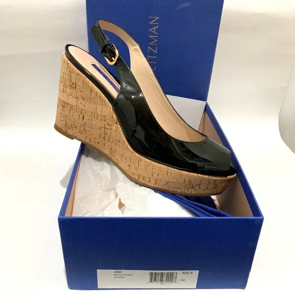Stuart Weitzman Jean Black Leather Cork Wedge Platform Sandals  Summer Heels 9.5