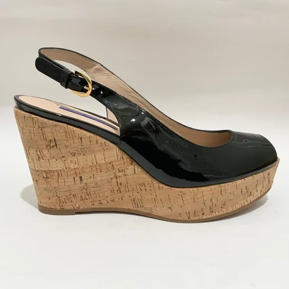 Stuart Weitzman Jean Black Leather Cork Wedge Platform Sandals  Summer Heels 9.5