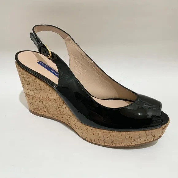 Stuart Weitzman Jean Black Leather Cork Wedge Platform Sandals  Summer Heels 9.5
