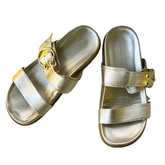Stuart Weitzman Joni Metallic Gold Leather Slides Sandals - 6
