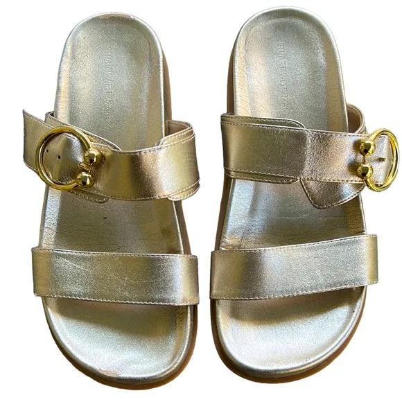 Stuart Weitzman Joni Metallic Gold Leather Slides Sandals - 6