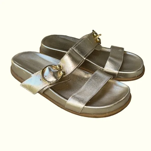 Stuart Weitzman Joni Metallic Gold Leather Slides Sandals - 6