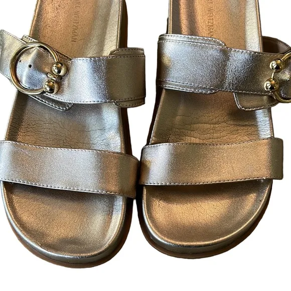 Stuart Weitzman Joni Metallic Gold Leather Slides Sandals - 6