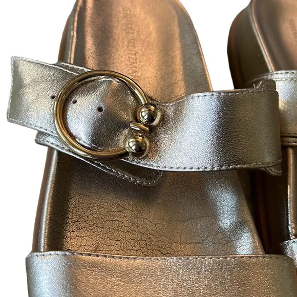 Stuart Weitzman Joni Metallic Gold Leather Slides Sandals - 6