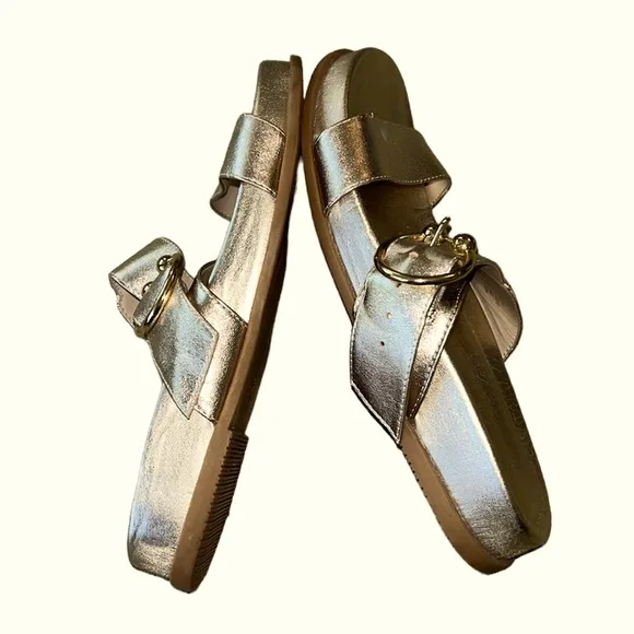 Stuart Weitzman Joni Metallic Gold Leather Slides Sandals - 6