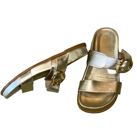 Stuart Weitzman Joni Metallic Gold Leather Slides Sandals - 6