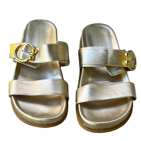 Stuart Weitzman Joni Metallic Gold Leather Slides Sandals - 6