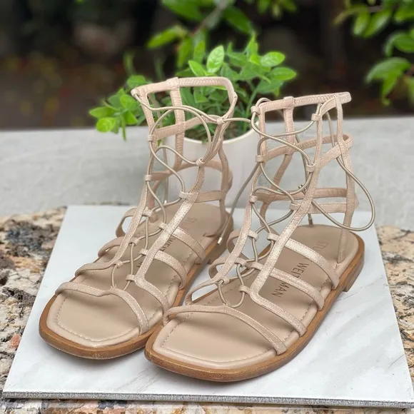 STUART WEITZMAN KORA Lace Up Gladiator Sandals shimmer suede leather sandals 8