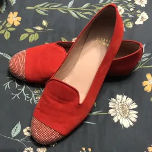 Stuart Weitzman Lingo Loafers Slip-On Flats in Red Suede with Studded Toes