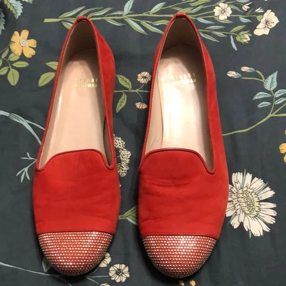 Stuart Weitzman Lingo Loafers Slip-On Flats in Red Suede with Studded Toes