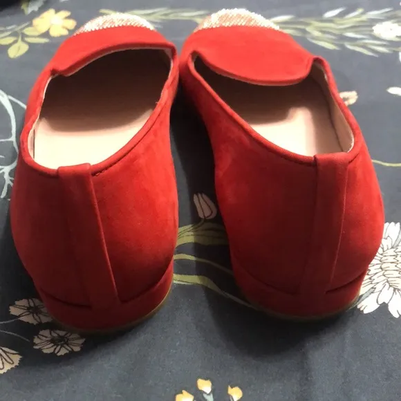 Stuart Weitzman Lingo Loafers Slip-On Flats in Red Suede with Studded Toes