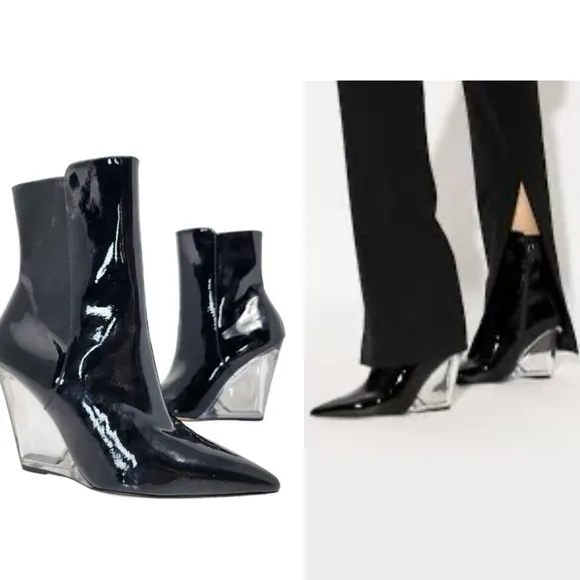 Stuart Weitzman lucite 100 patent leather ankle boots clear wedge heel